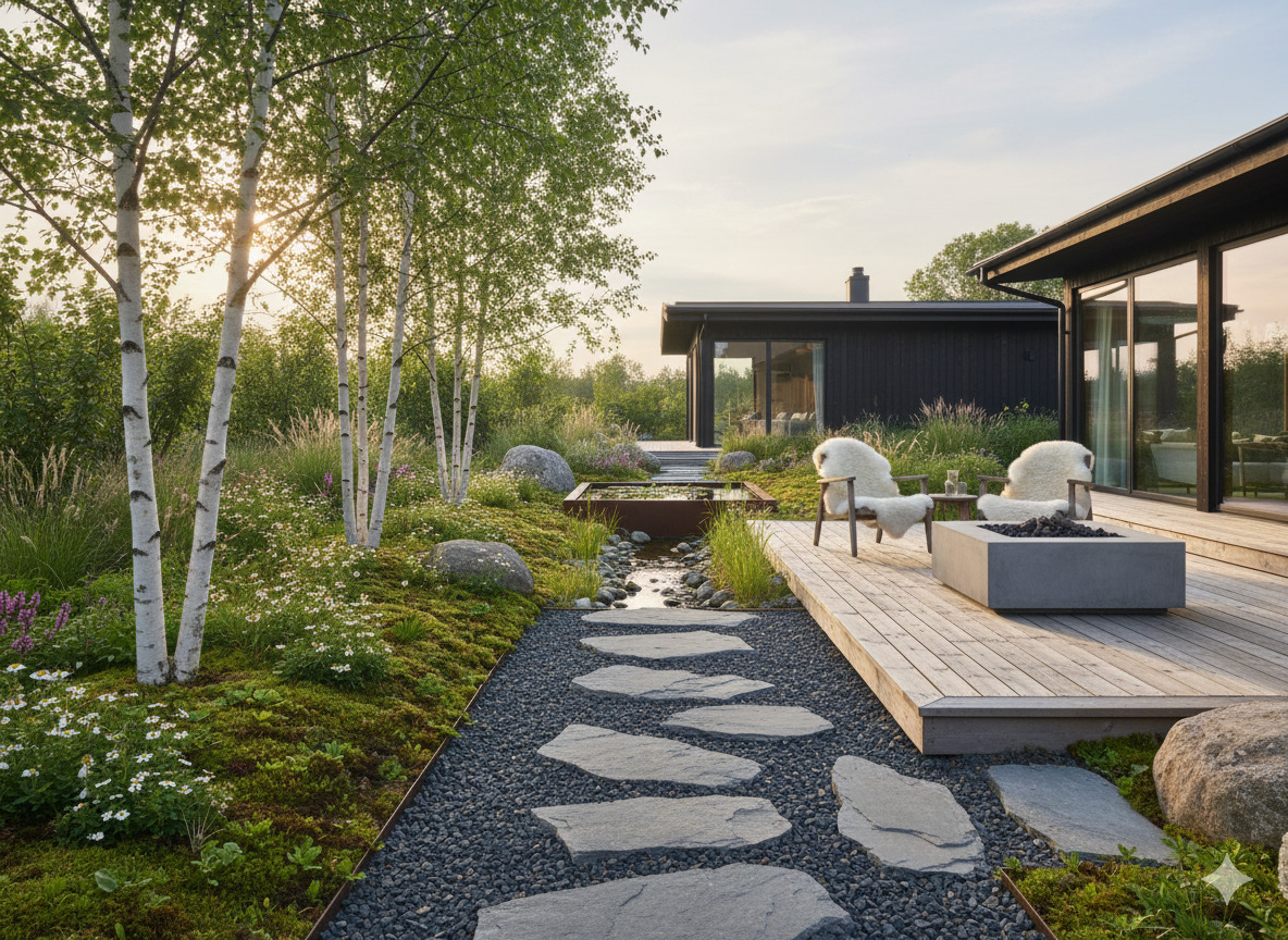 Nordisk trädgårdsdesign med naturliga material